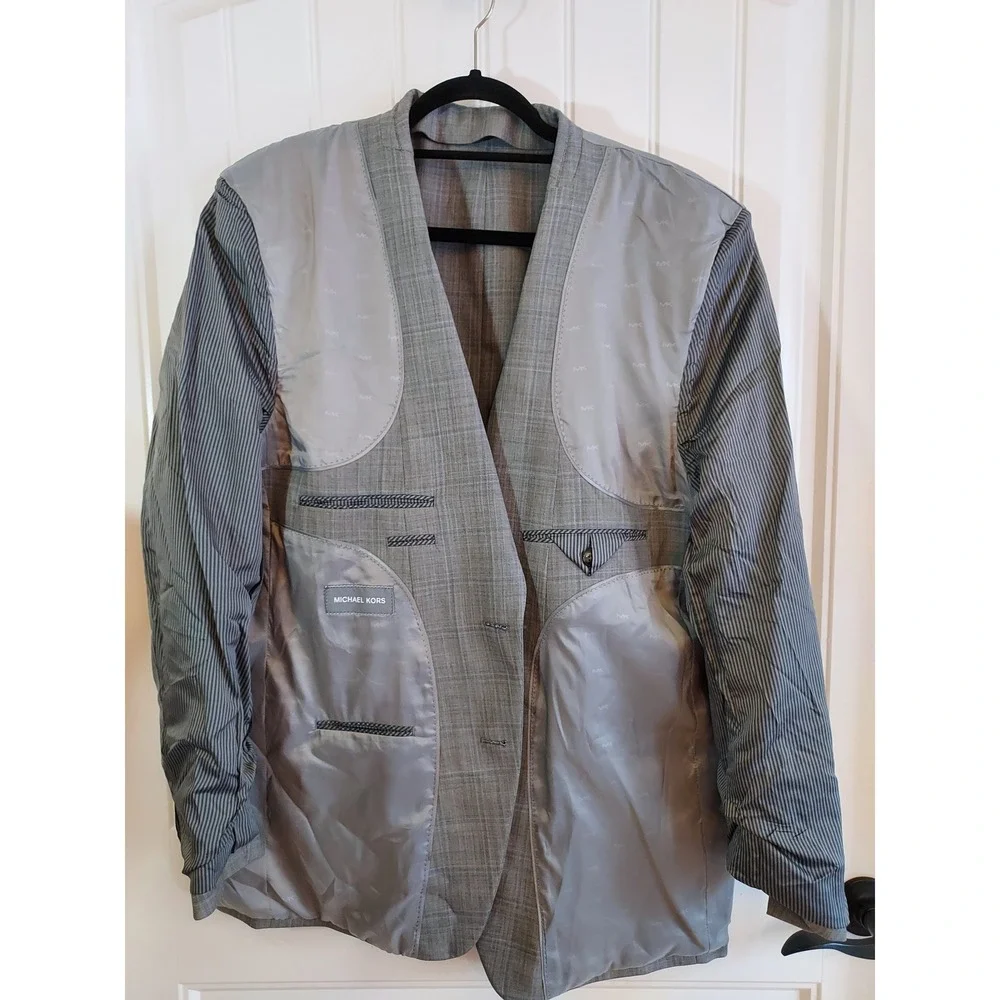 Michael Kors Mens Wool Blend Plaid Suit Jacket Blazer 44L Gray Natural Stretch